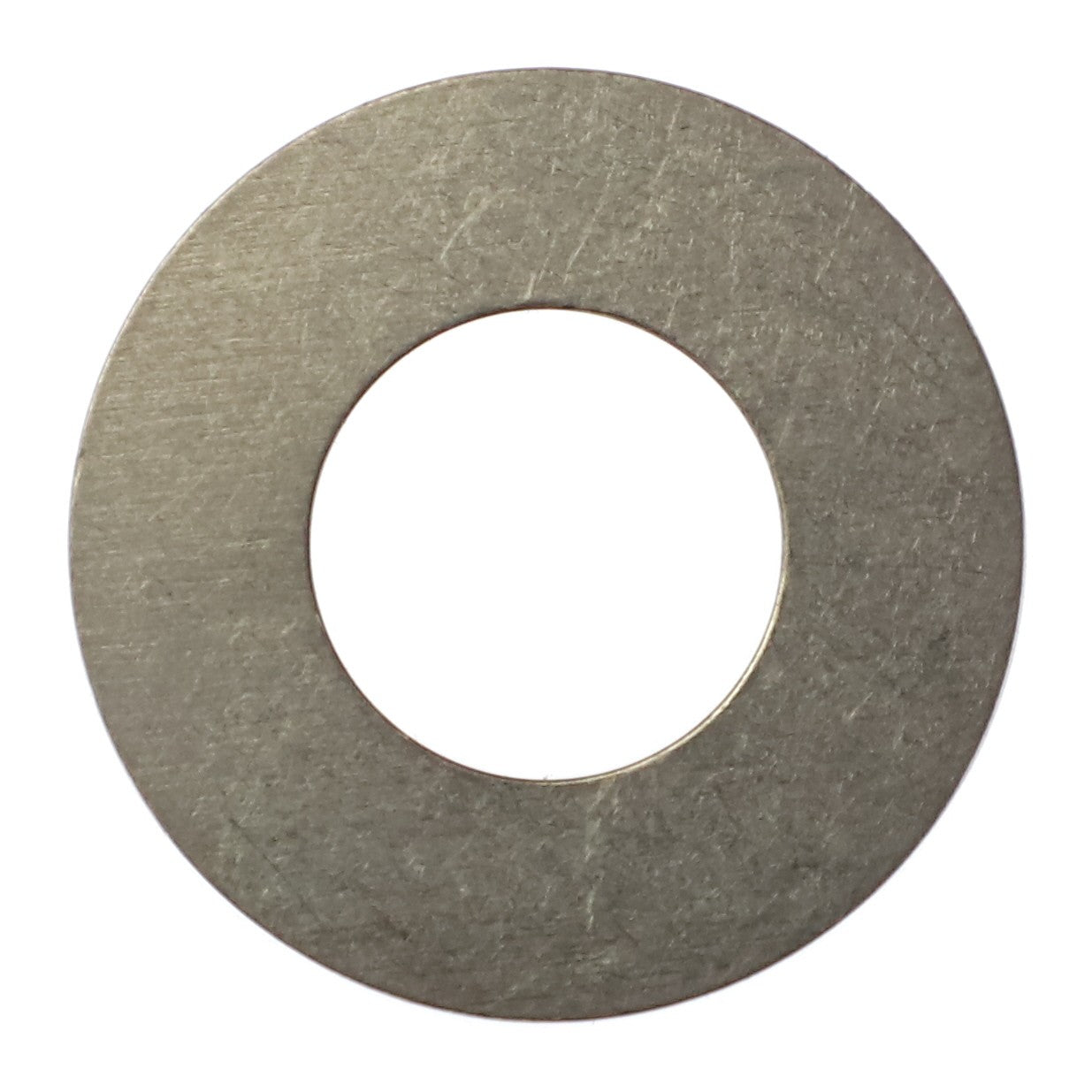 The AGCO Shim - F530200410570 by AGCO is a metallic flat washer featuring a large central hole, designed to effectively distribute the load of a threaded fastener. No current product description available for this item.