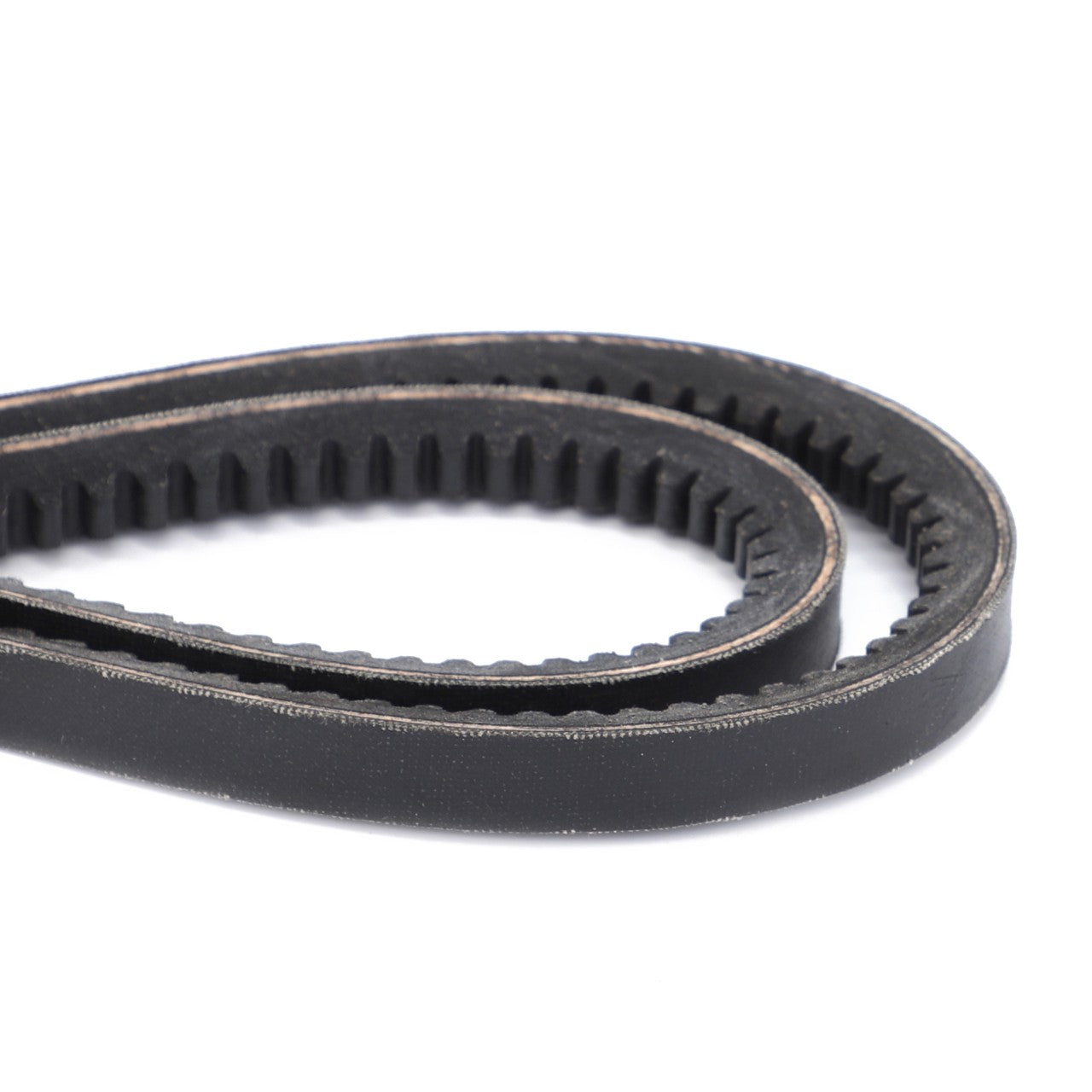 Close-up of an AGCO black rubber V-belt, sold as a matched pair (1447407M91), featuring teeth along the inner edge, designed for optimal performance on various Fendt models.