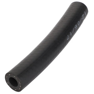 The AGCO Hose - Acp0329060, a durable black rubber hose with white markings, is elegantly displayed against a clean white background. Slightly curved, it reveals a hollow center that enhances its flexible design.