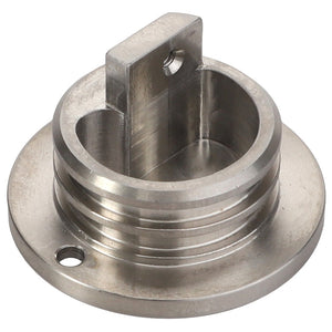 The AGCO | BEARING - AG714989 is a round metallic component with a flat base, featuring a prominent vertical tab with a hole and circular grooves on its surface. No current product description information available.