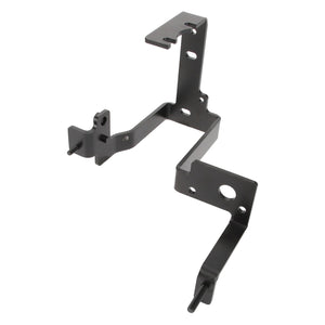 The AGCO Bracket - Acw144450A is a robust black metal bracket from AGCO, featuring multiple bends, precise holes, and protruding pegs designed for versatile mounting purposes.