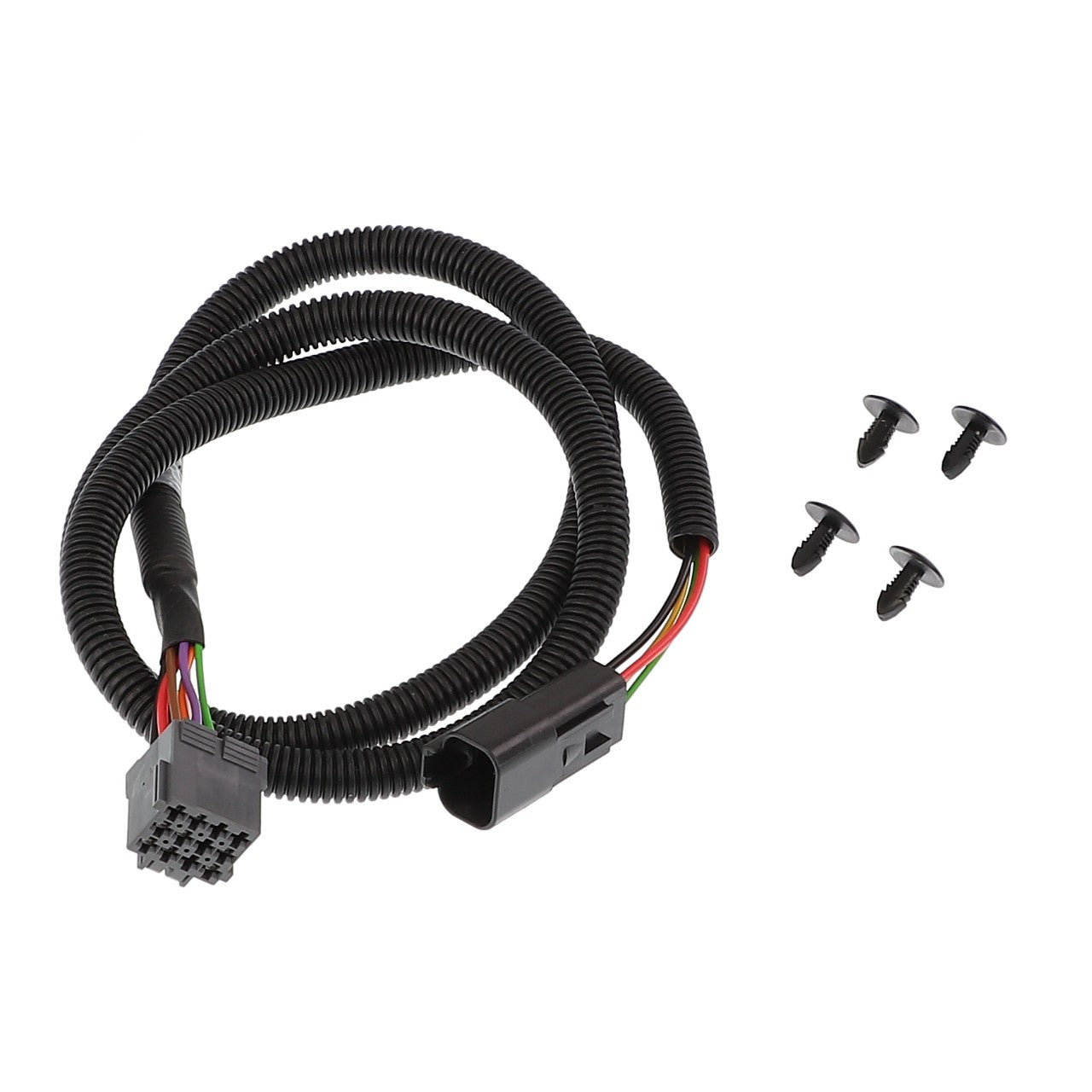 The AGCO | SUPPLY CABLE - F931502030010 features a coiled electrical wiring harness with connectors on each end and includes four black plastic fasteners, ensuring a secure and organized installation.