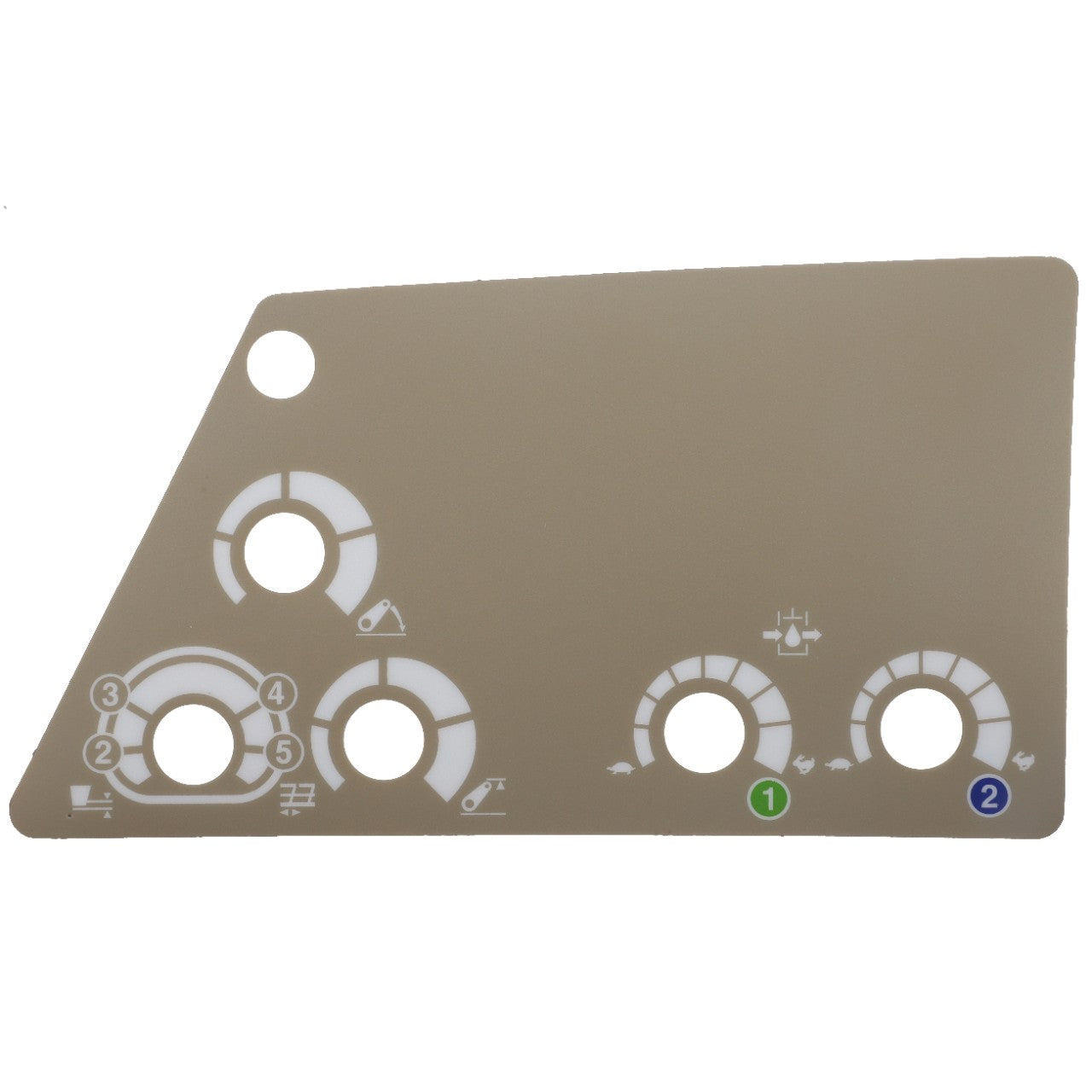 Introducing the AGCO Decal - Acp0424760, a beige control panel featuring white icons and numbers ranging from 1 to 5. This panel includes two color-coded buttons: one green button labeled "1" and one blue button labeled "2." Additionally, it showcases various circular indicators and symbols. At this time, no further product description is available.