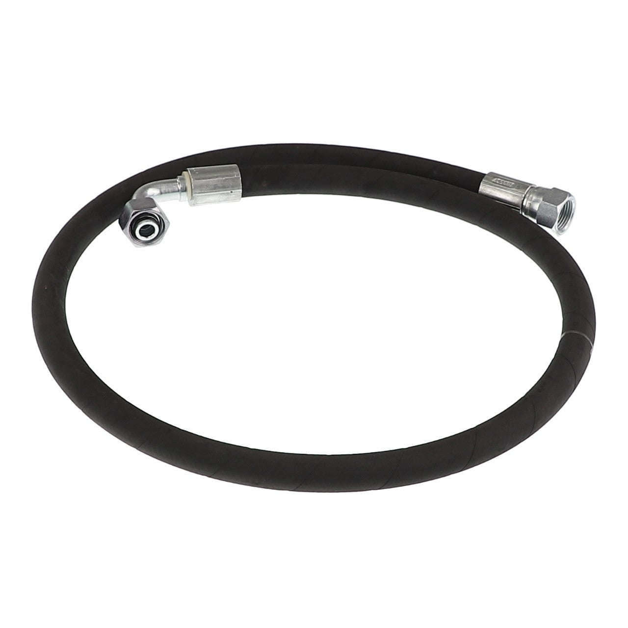 The AGCO HYDR. HOSE - AL9031429 is a coiled hydraulic hose featuring metal fittings on both ends, with one being a straight fitting and the other an elbow fitting. Currently, no additional product description information is available.