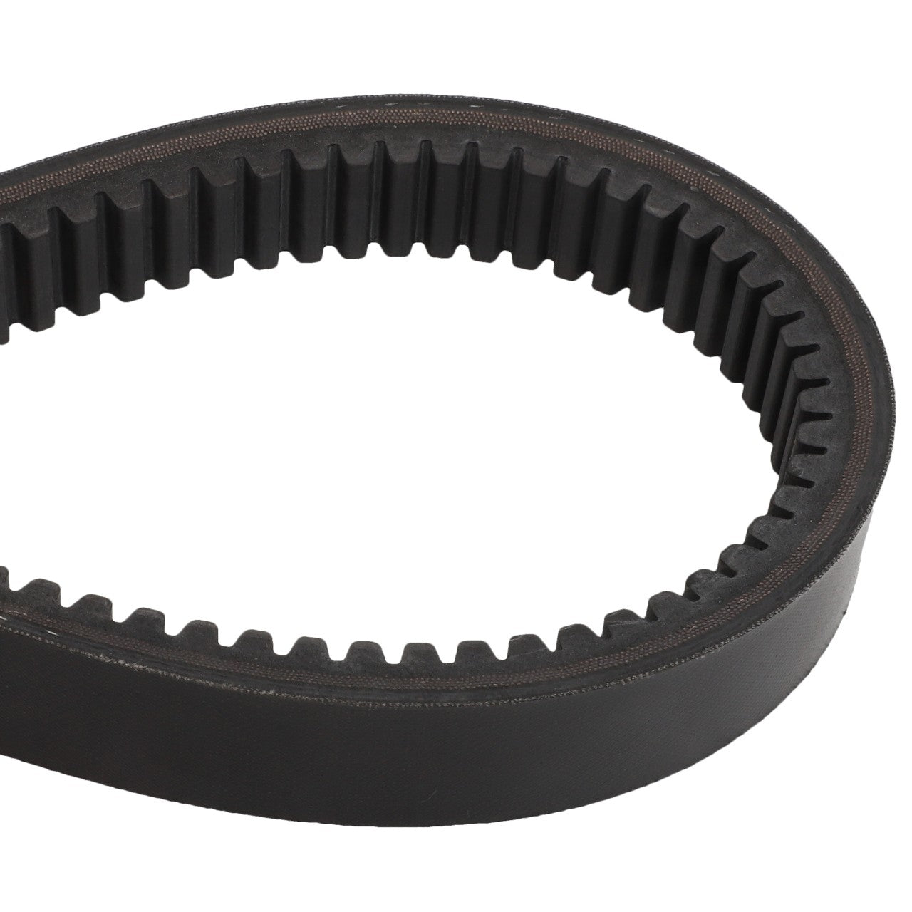 A close-up image of the AGCO V BELT - D41981400, a black, toothed rubber timing belt, set against a white background. No current product description information is available.