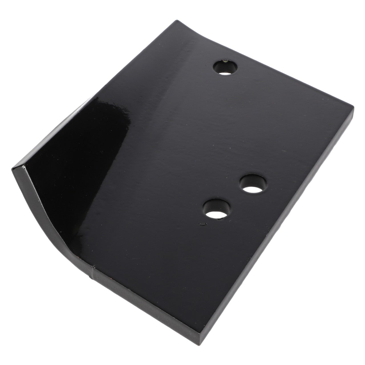 A sleek black metal bracket, the AGCO BLADE - E100658 by AGCO, featuring a curved edge and three precisely crafted round holes for versatile mounting options.