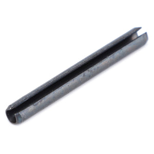 The AGCO Hook Pin, Bottom Hitch - F725500160310, a metal roll pin with a longitudinal split used for securing shafts or cylindrical parts in mechanical assemblies, is perfect for hitch and linkage components. Isolated on a white background.