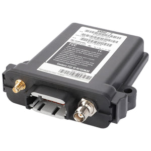 The AGCO CONTROL UNIT - ACZ0001630 is a sleek black electronic device that features multiple ports, including a coaxial connector and two additional smaller connectors. Its surface is adorned with labels and barcodes.