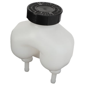 The AGCO Brake Reservoir - La320956200 by AGCO is a durable white plastic brake fluid reservoir featuring a secure black cap and dual outlet tubes at the bottom.