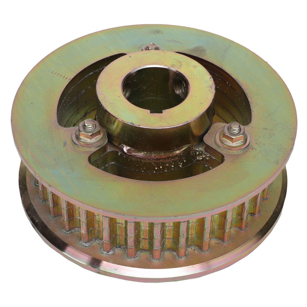 A sprocket named AGCO | Sprocket - Acx2722180, featuring a metallic construction with a central hole, two mounting bolts, and toothed edges, designed for use in intricate machinery or advanced mechanical systems.