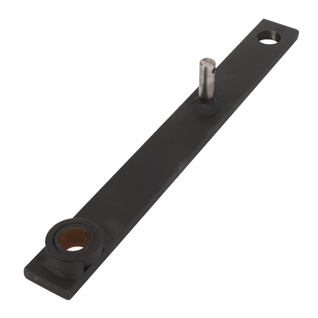 The AGCO | ARM - D28786766 is a black metal bracket featuring a cylindrical peg and two holes, one at each end.