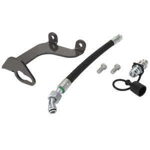 A set of automotive parts from the AGCO Hydraulic Kit - Acp0650390, which includes a sturdy black bracket, a flexible hose with metal fittings, two bolts, and a small metal component topped with a rubber cap.