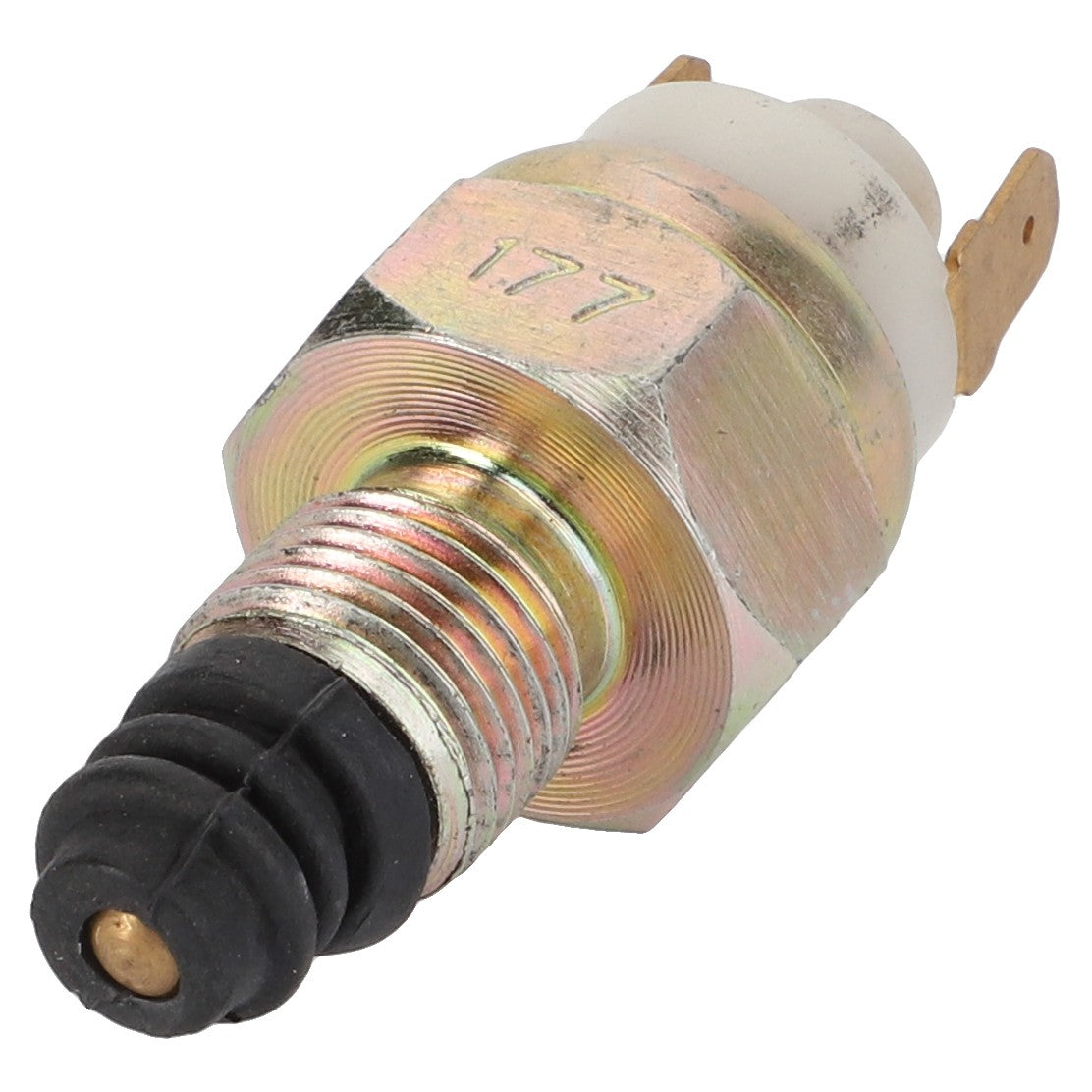 Close-up image of an AGCO Switch - Acp0209620, featuring a metal pressure switch with a threaded end and rubber cap, marked with the number "177". No product description available.