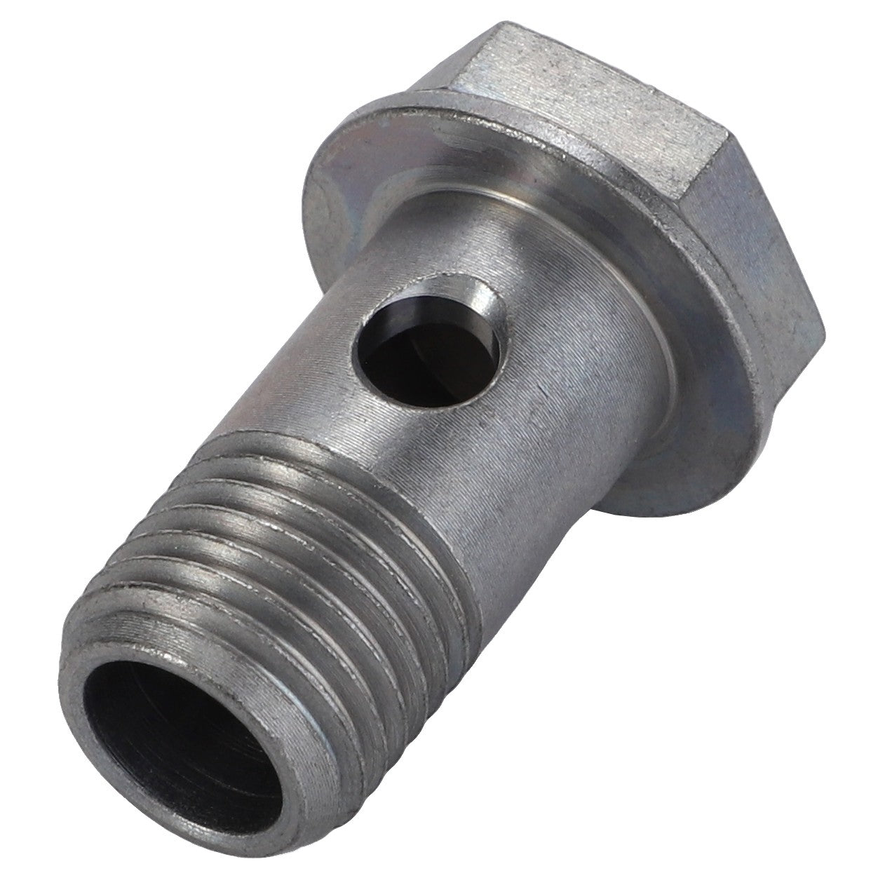 A metal bolt with a hole through the side and threaded end, specifically referred to as the AGCO | BANJO BOLT - F926202710470 by the brand AGCO. There is no current product description information available.