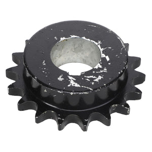 A black metal sprocket with visible wear and chipped paint, highlighted as a circular gear with evenly spaced teeth around its perimeter, matches the AGCO | Sprocket - Acx2433590 by AGCO.