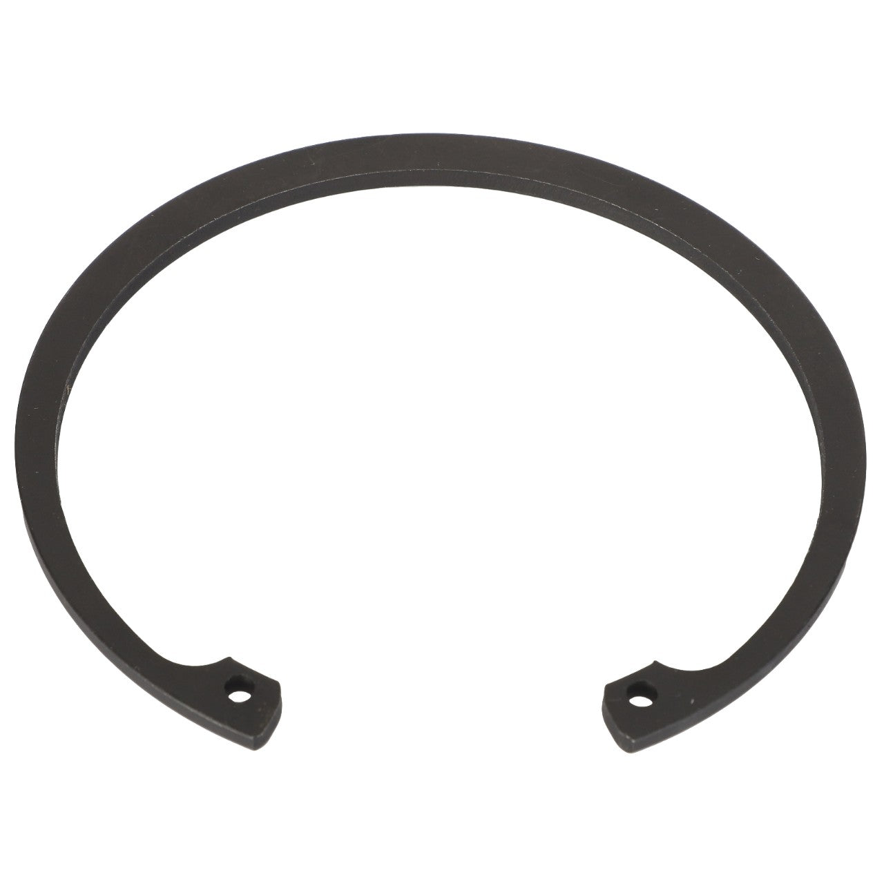 The AGCO INTERNAL RETAINING RING - AG522847 is a black, semi-circular snap ring with two holes near the ends, commonly used in mechanical applications to secure components on a shaft or in a bore. Note that specific product description information is currently unavailable.