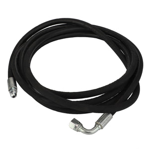 The AGCO Hydraulic Hose - Acw2514940 is a coiled black hose equipped with metal fittings on both ends, including one angled fitting. Current Product Description Not Available for this item.