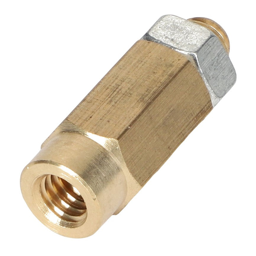 The AGCO extension, model AG125908, a finely crafted brass hex coupling nut with internal threading, is elegantly displayed on a white background.