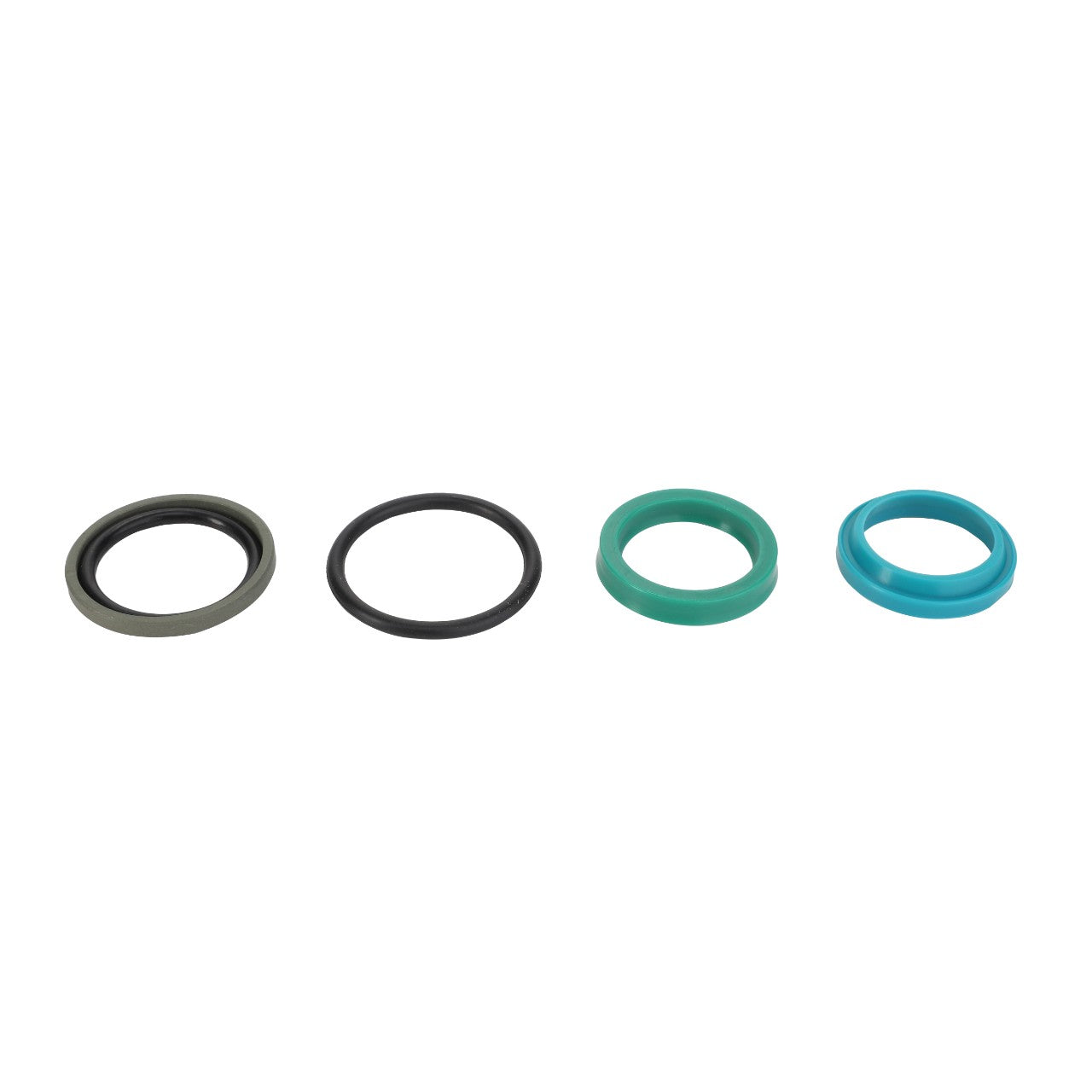 Four vibrant rubber O-rings in gray, black, green, and blue from the AGCO SEALS KIT - D45140015 are neatly arranged in a row on a pristine white background.