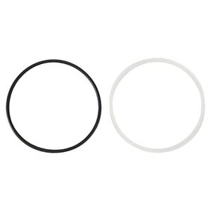 Two O-rings, one black and the other white, resembling the precise components found in AGCO's Filter Housing - VA261405 for Massey Ferguson equipment, are positioned side by side against a plain white background.