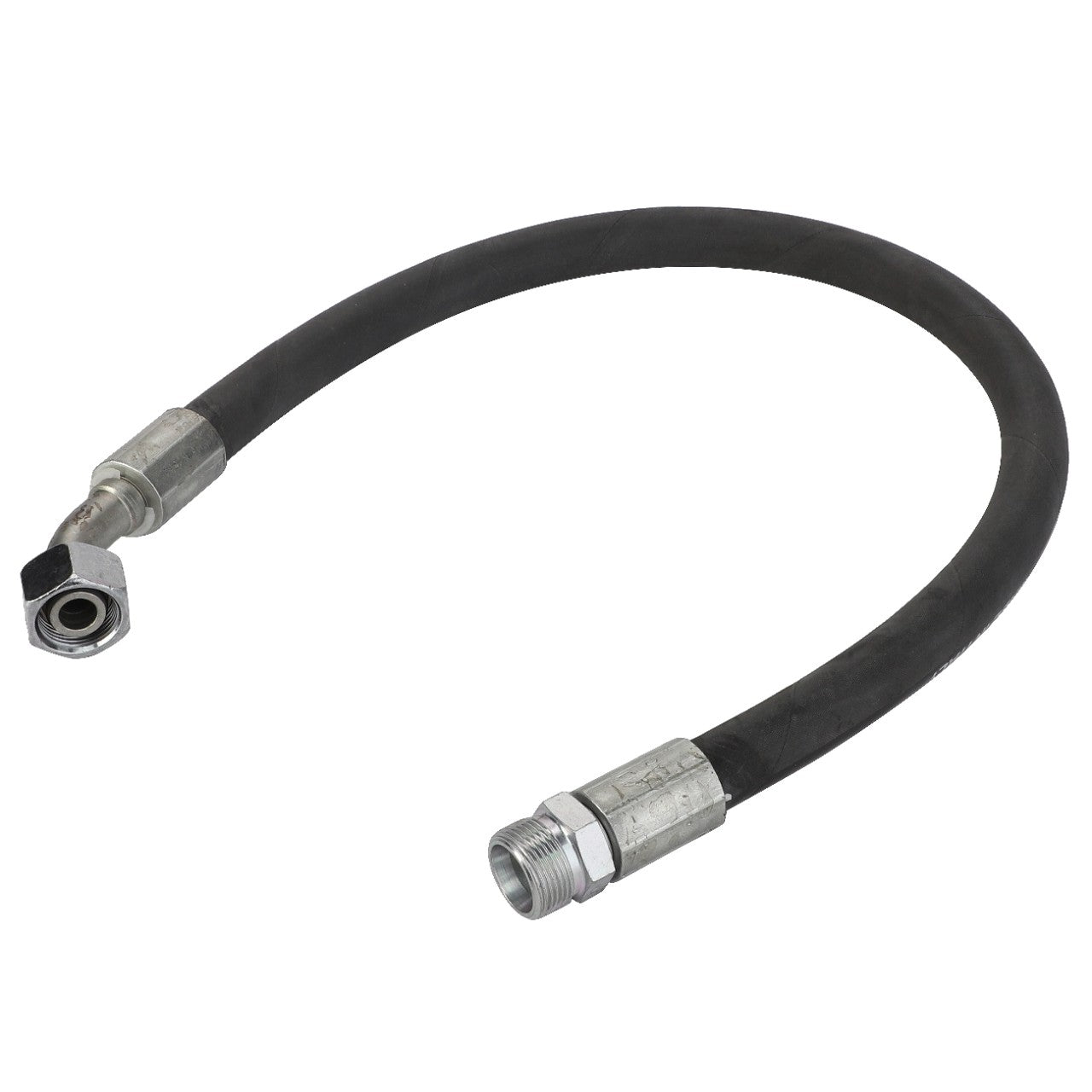 The AGCO | Hydr. Hose - Acw1352430 by AGCO is a flexible black rubber hose featuring metal hexagonal fittings on both ends, designed for efficient fluid or gas transfer across various applications.