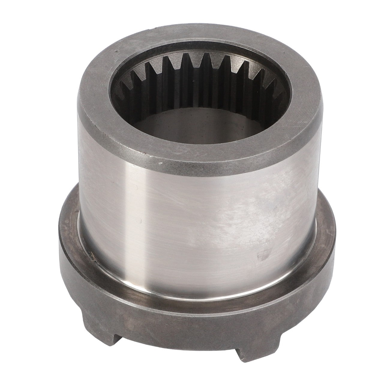 A close-up image of a cylindrical metal gear coupling with internal teeth on one end, showcasing AGCO | Coupler - 3819093M1, compatible with Massey Ferguson models.