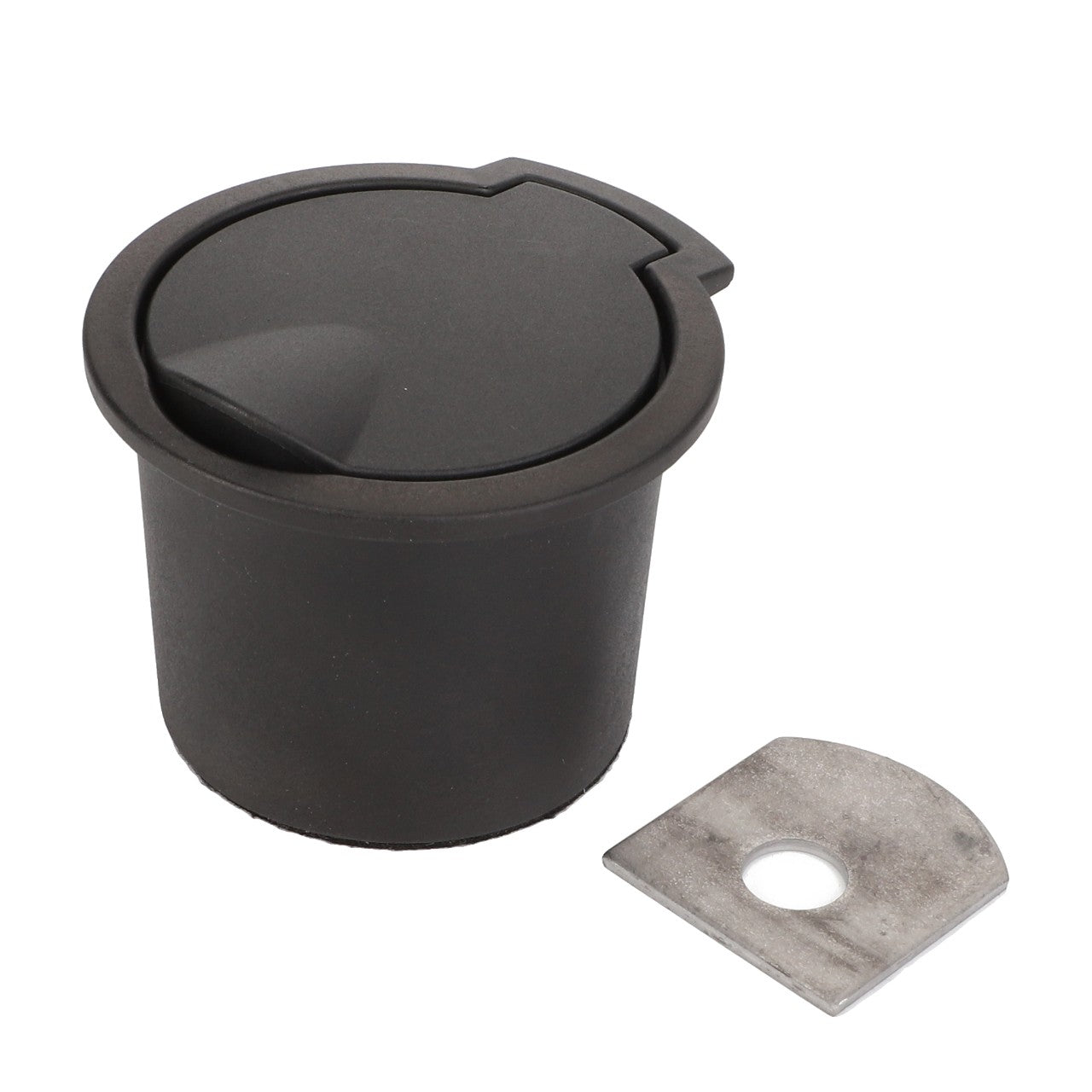 A product labeled "AGCO | Ashtray - Acw0791880," featuring a black plastic recessed desk grommet with a hinged cover, is displayed alongside a flat, silver metal plate with a circular hole. No additional product description information is available for further details.