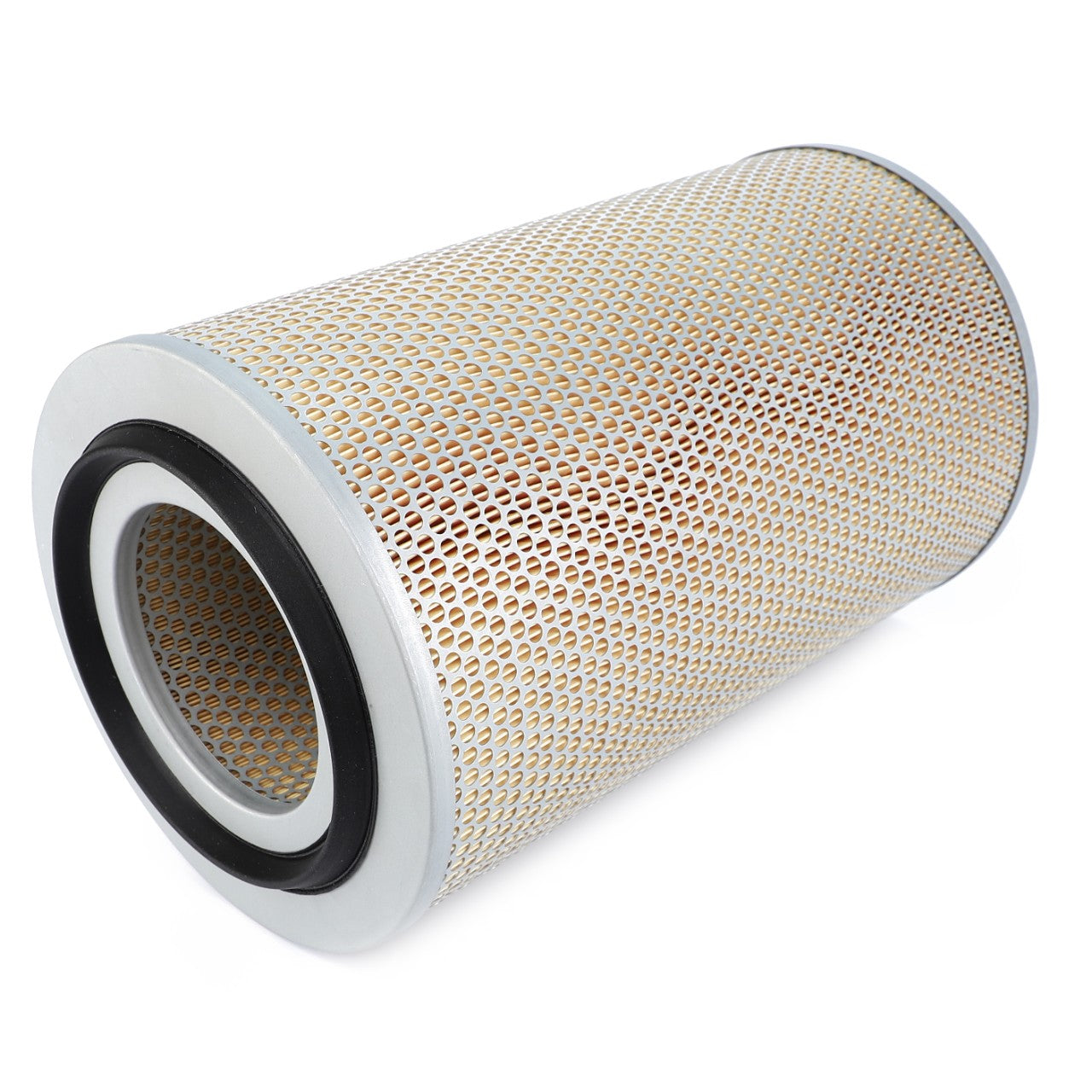 The AGCO | Engine Air Filter Cartridge - F385202090010 is a cylindrical filter designed for use in engines or HVAC systems. It features a yellowish-tan metal mesh exterior and black gaskets on each end, providing 99.9% filtration efficiency that ensures optimal engine protection.