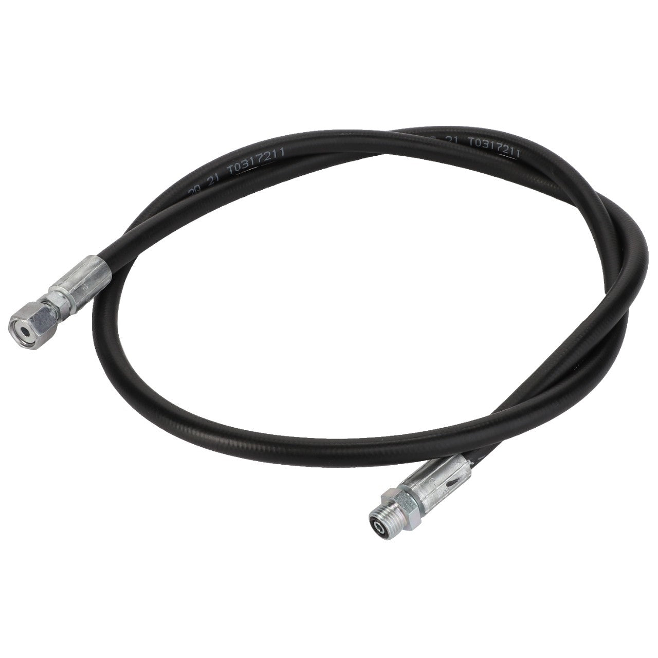 Displayed on a white background is the AGCO Hose - Acw1081670, a coiled, black hydraulic hose featuring metallic connectors at both ends. The product description information is currently unavailable.