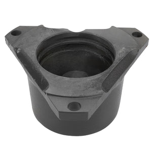 AGCO's Flange - La320655450 is a cast iron mechanical part with a cylindrical base and a triangular top, featuring three bolt holes and a central recessed cavity.