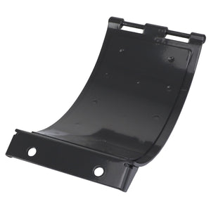 The AGCO Hatch - Acw496702A is a black, curved hinge piece made from either plastic or metal, featuring a flat bottom and two holes on the lower part. It is ideal for creating sturdy and reliable connections in furniture or mechanical applications.