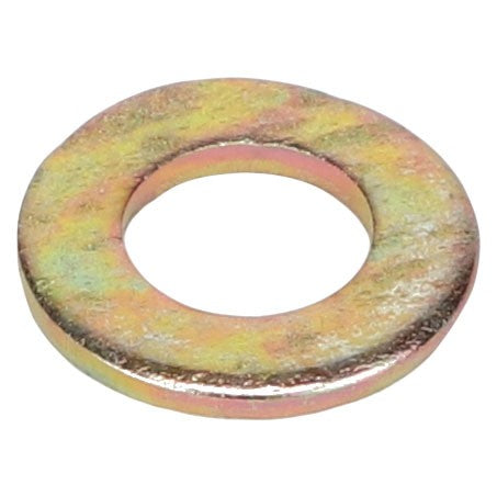 The AGCO | FLAT WASHER - AG520880 by AGCO is a single metallic washer with a circular shape and a central hole, featuring a slightly tarnished surface. No current product description information available.