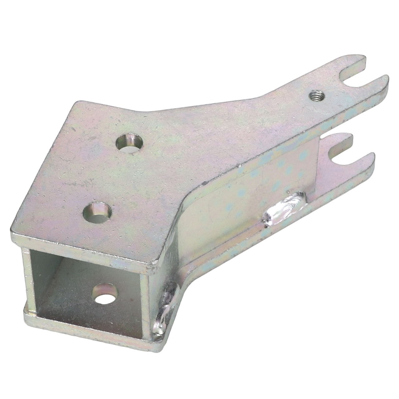 The AGCO Hinge - Acx2837250 is a metallic forklift attachment featuring mounting holes and a hook-like design on one side. No additional product description information is available at this moment.