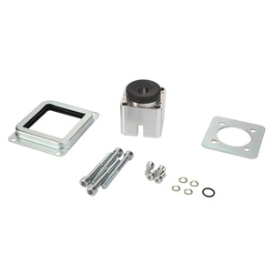 A metal mounting kit with various components, including bolts, washers, a rubber insulator, and metal brackets, meticulously laid out on a pristine white background, is available under the product name AGCO | Bearing - F650813360020 from the brand AGCO.