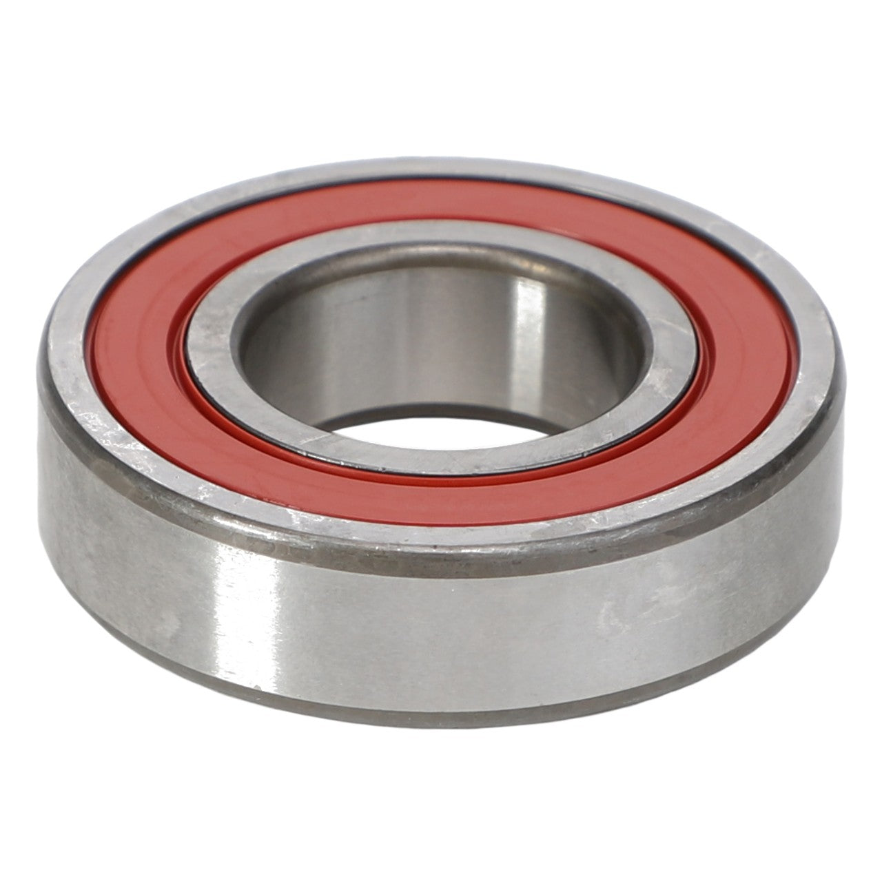 The AGCO | Ball Bearing - 1109055 by AGCO is a metal ball bearing featuring a red circular seal in the center, designed to handle both radial and axial loads.