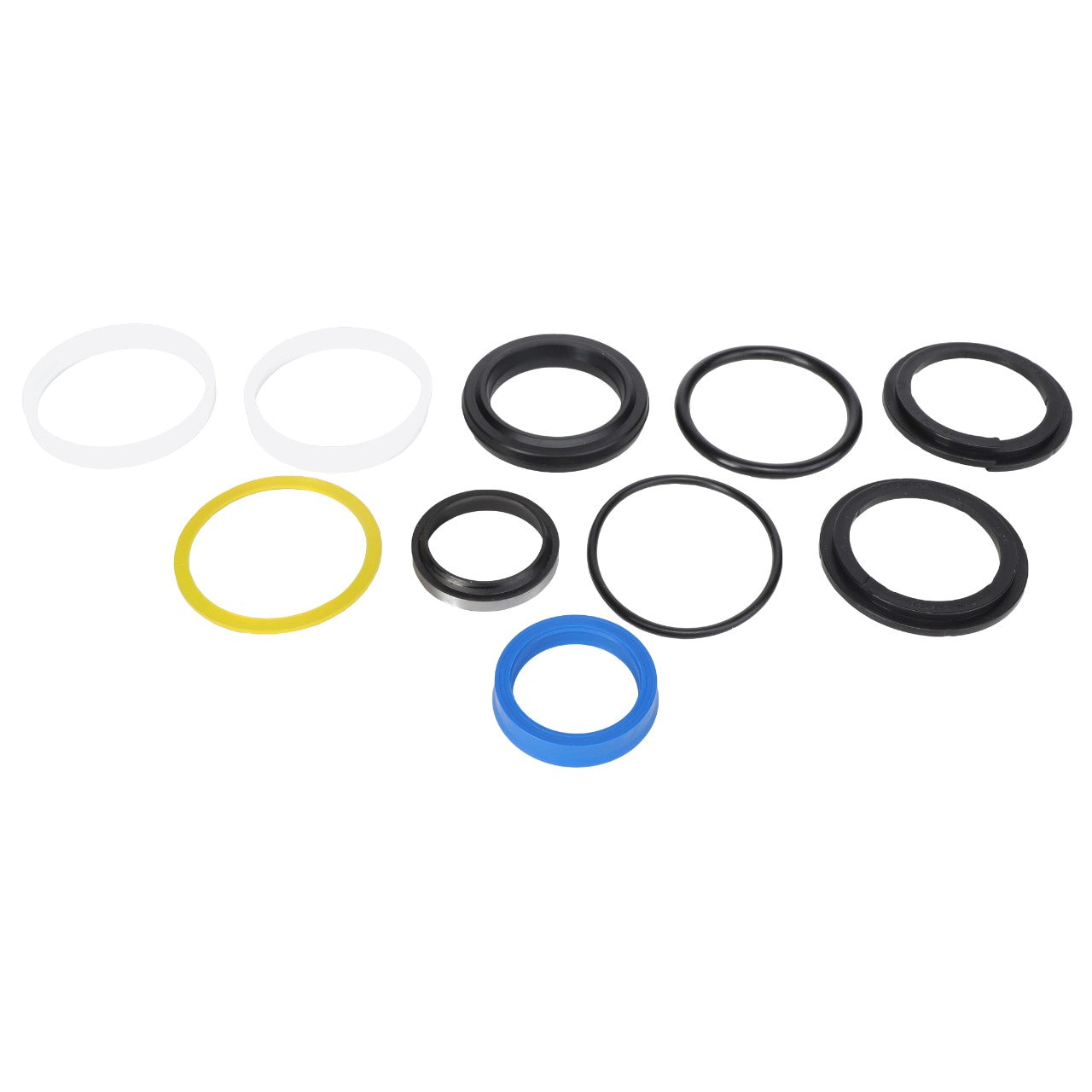 The AGCO SEALS KIT - AL5036156, featuring an assortment of black, white, yellow, and blue O-rings and seals in various sizes, is artfully arranged against a pristine white background.