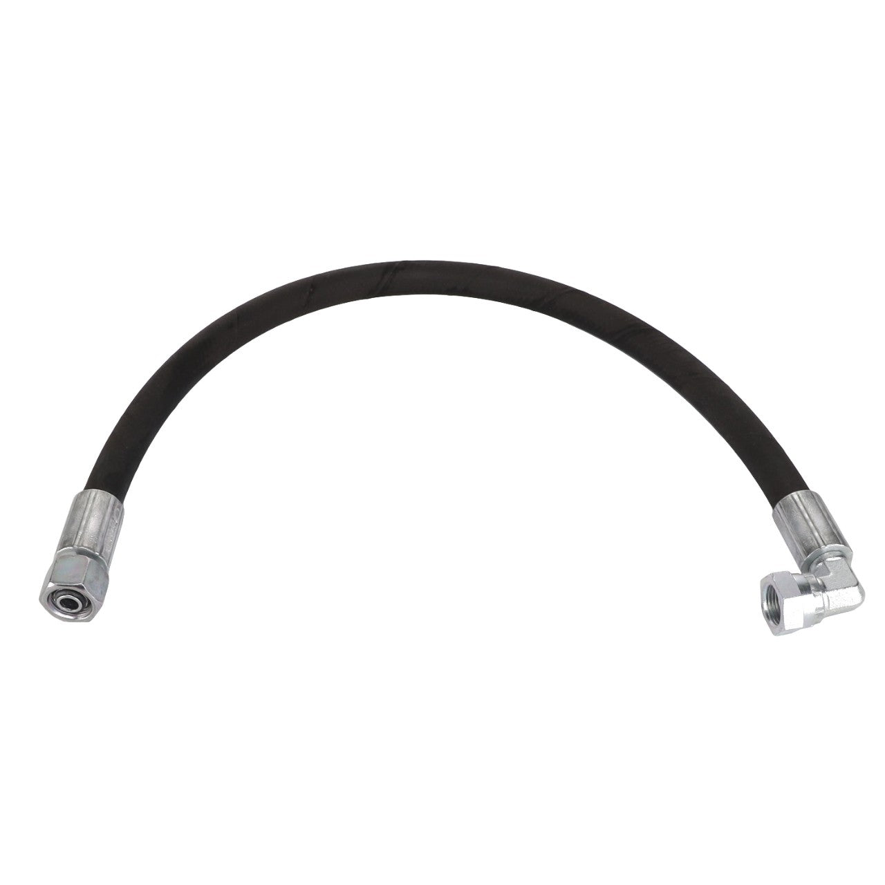 A flexible black hose, the AGCO HOSE - AL1103265, thoughtfully designed with durable metal connectors on both ends.