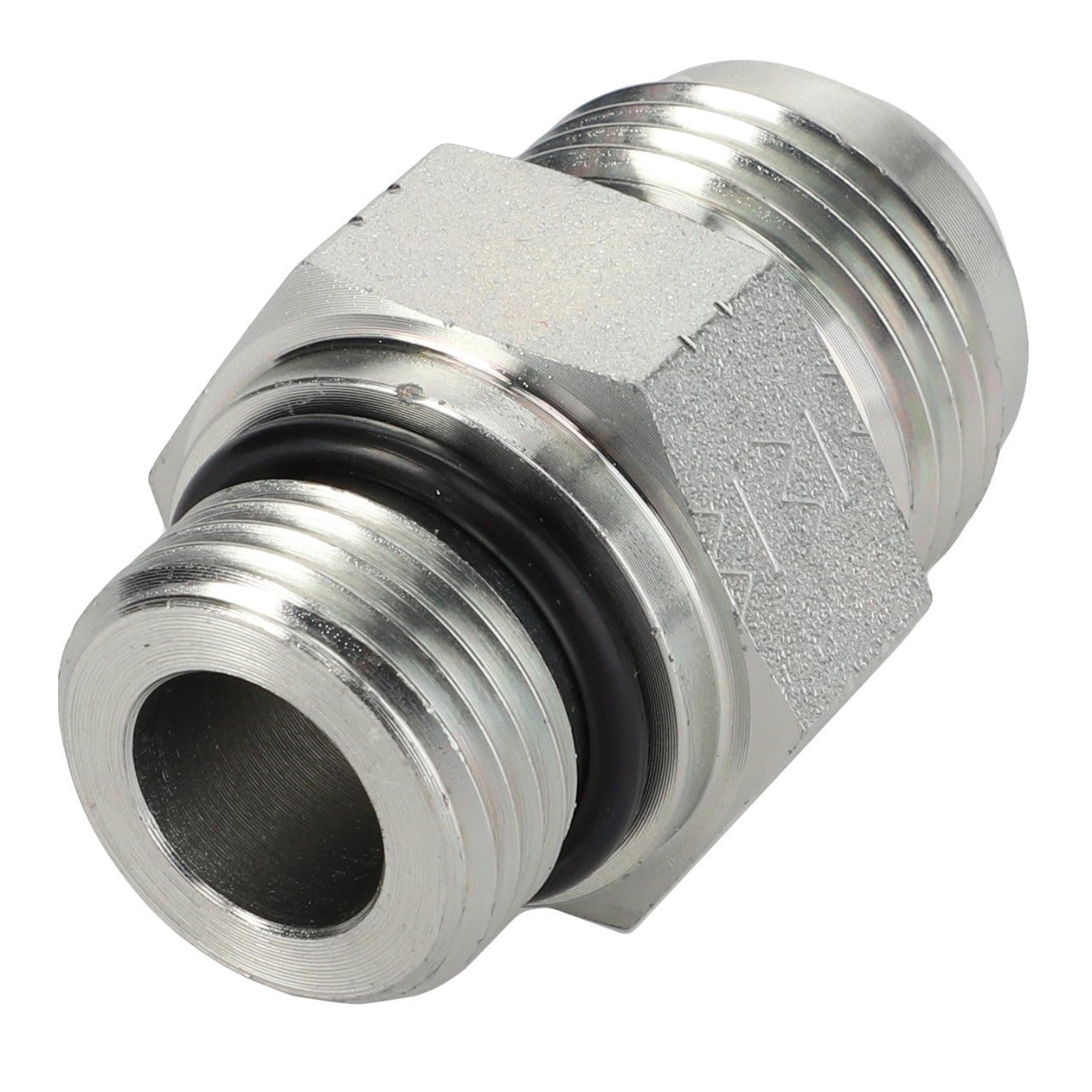 The AGCO ADAPTER - AL5028099 is a metal hydraulic fitting that features a hexagonal nut in the center and threaded male connectors on both ends, ensuring secure and reliable connections.