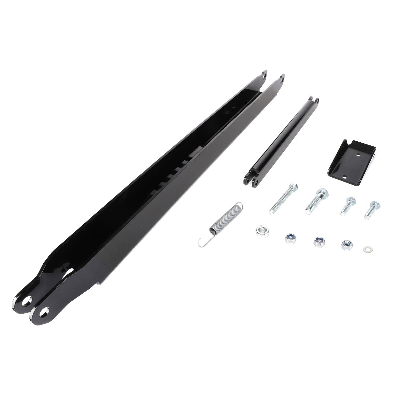 A black AGCO chainstay (model: AL5218005) with additional mounting hardware, including screws, bolts, a spring, and plates, displayed on a white background. Currently, no detailed product description information is available.