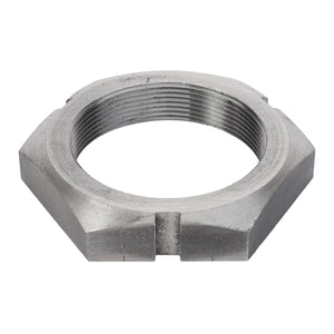 Close-up of the AGCO Special Nut - Acw0943650 featuring a hexagonal shape and internal threading. This metal nut has a slotted design with a silver finish. Please note that no additional product description information is available at this time.