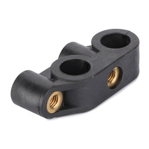 The AGCO | Block - 3611078M1 from AGCO is a black plastic connector with two cylindrical openings and two embedded golden metal threads for screws, seamlessly compatible with Massey Ferguson Models.