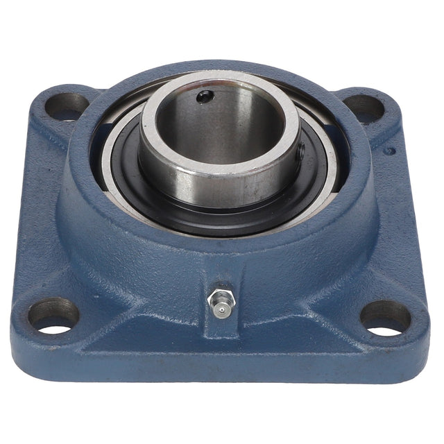 The product displayed is a blue, square-flange mounted bearing with four bolt holes and a central cylindrical hole, known as the AGCO Kit, Bearing - Acw9212140 from the brand AGCO; however, no current product description information is available.