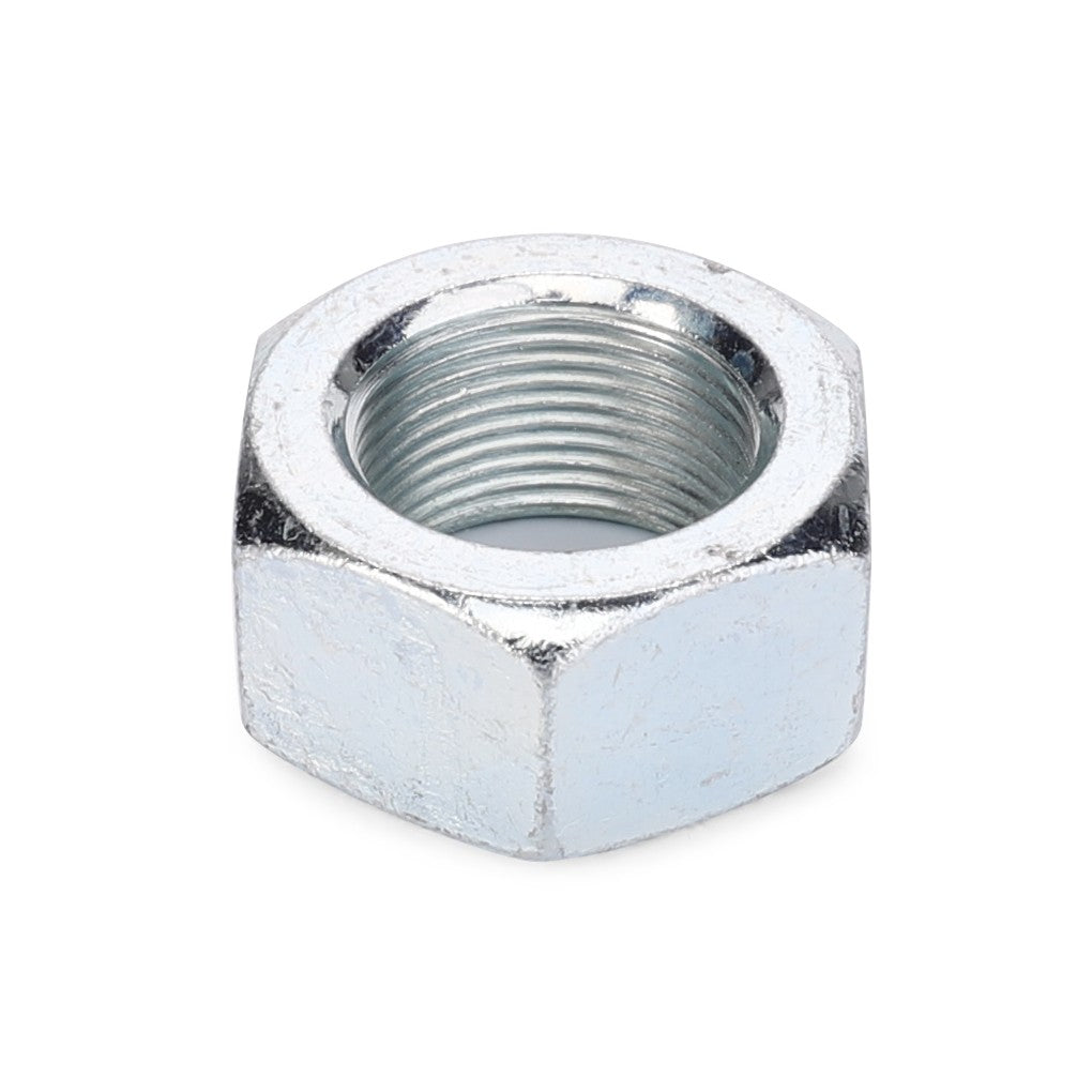 A close-up of an AGCO | Hex Nut - 0907-16-24-00, featuring precise internal threading, as used in Massey Ferguson Models, displayed against a plain white background.