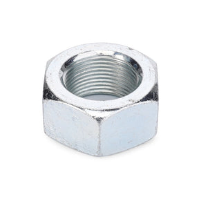 A close-up of an AGCO | Hex Nut - 0907-16-24-00, featuring precise internal threading, as used in Massey Ferguson Models, displayed against a plain white background.