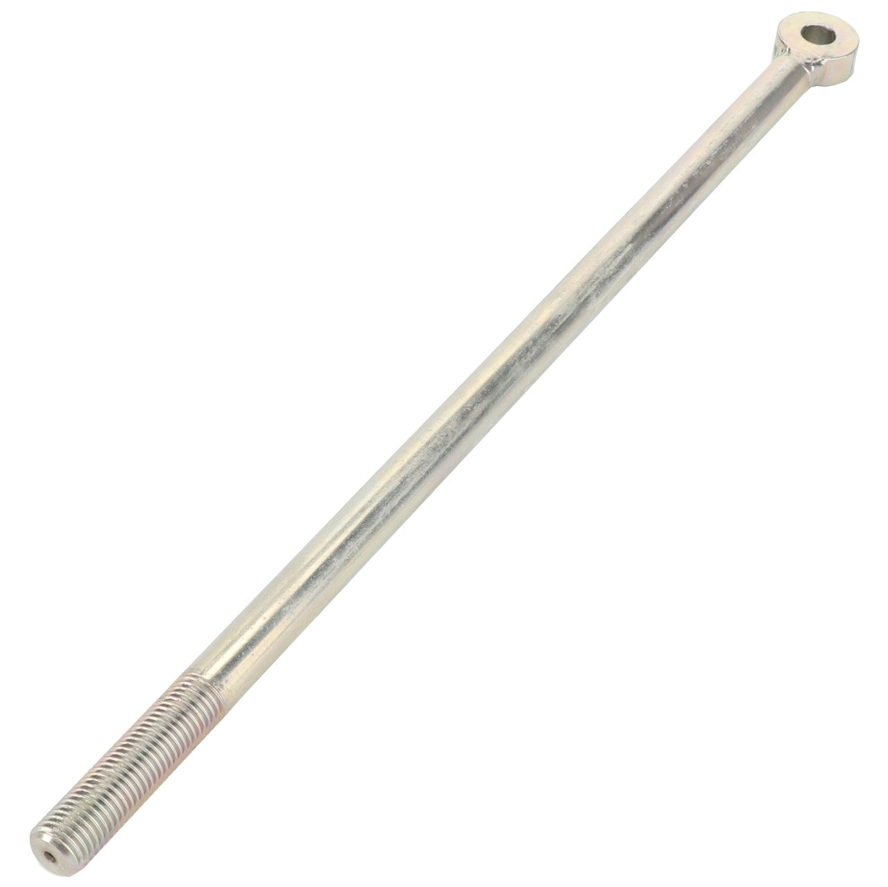 The AGCO | BAR - TM31724 by AGCO is a metal rod featuring a circular hole at one end and a threaded section at the other, ideal for use in mechanical and construction applications.