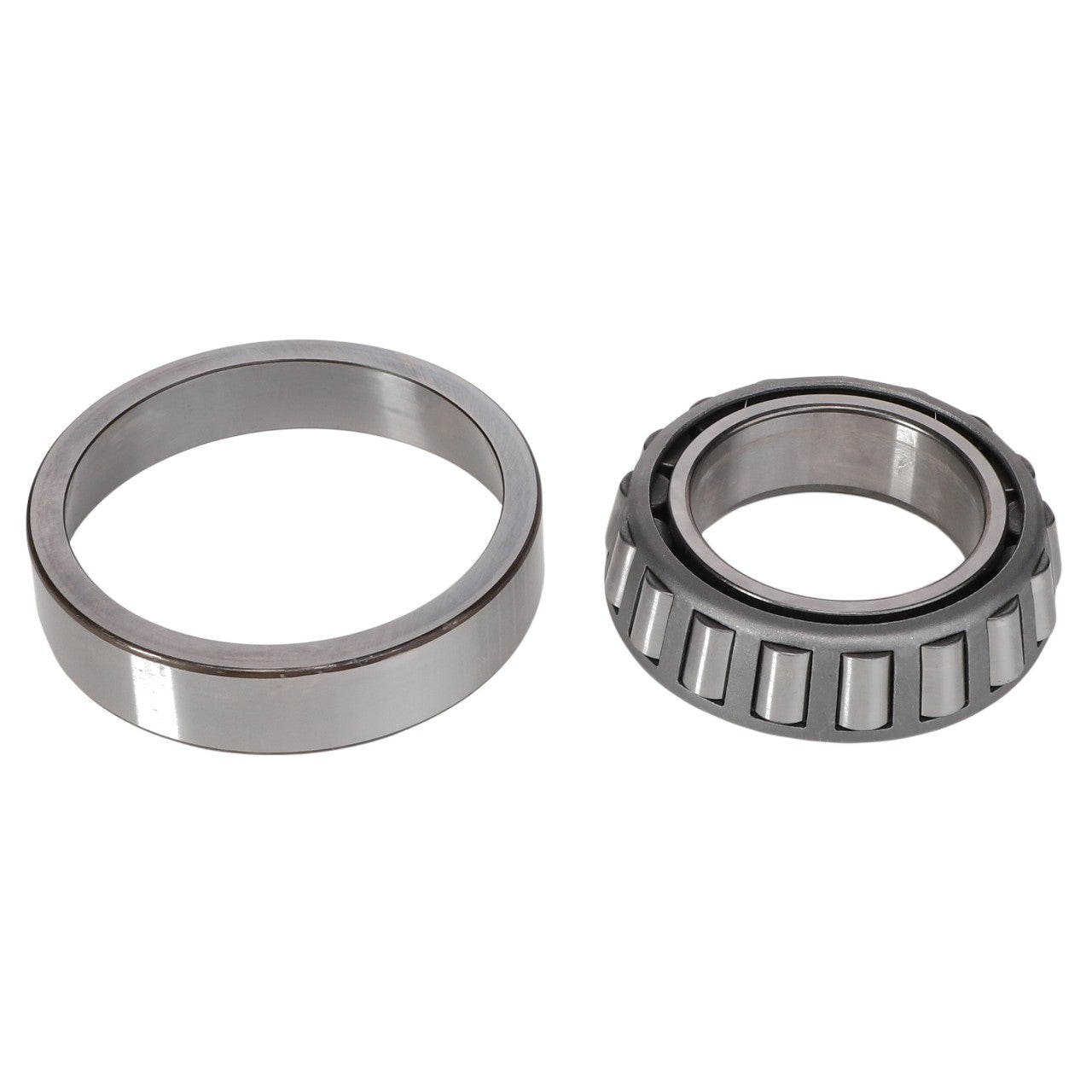 The AGCO Taper Bearing - 3010040X91 and a metal ring are displayed side by side on a white background, showcasing their precision and durability. Product description currently not available.