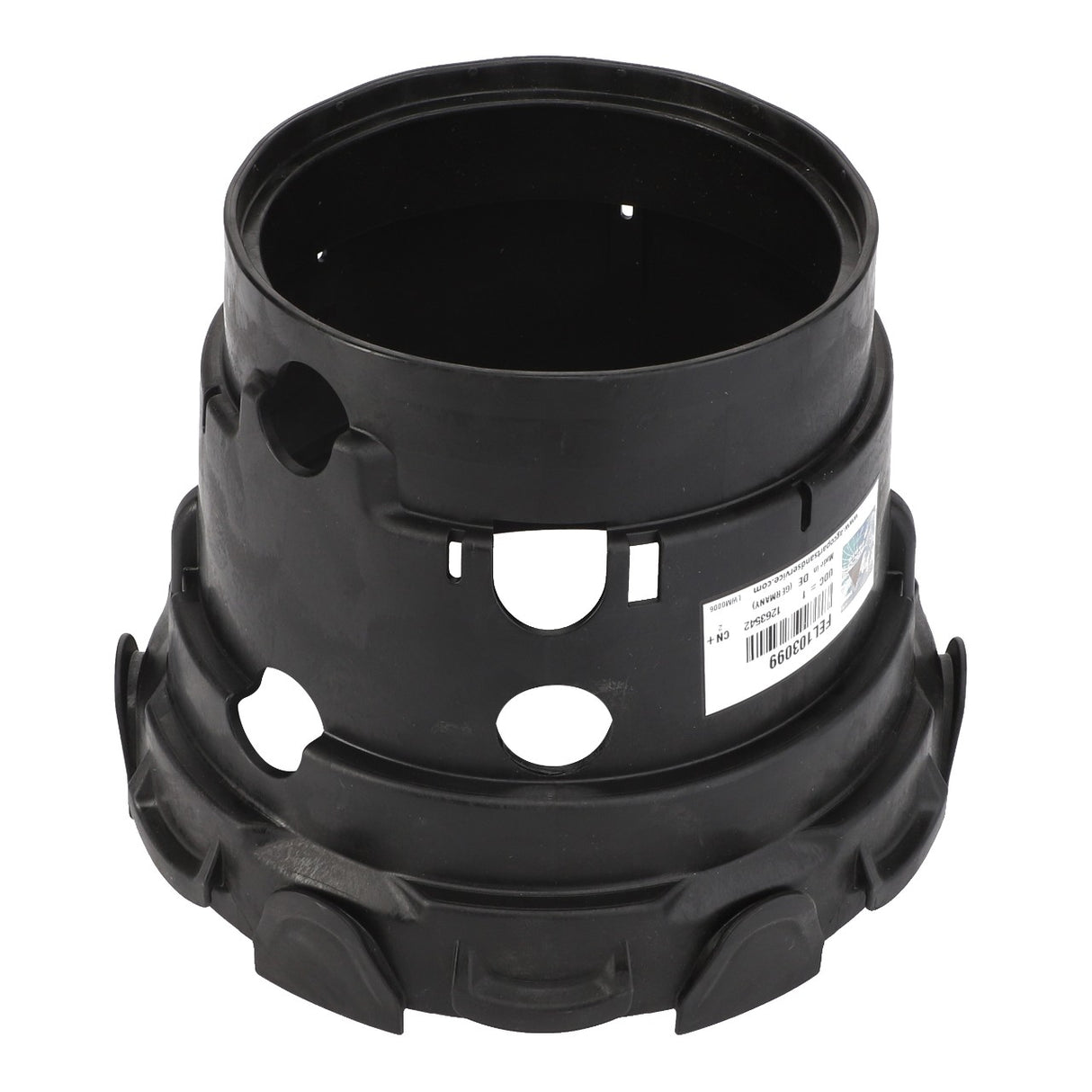 The AGCO Protective Funnel - Fel103099, made from black plastic, features several circular cutouts and raised edges at the base. It includes a label with a barcode. Detailed product descriptions are not available at this time.