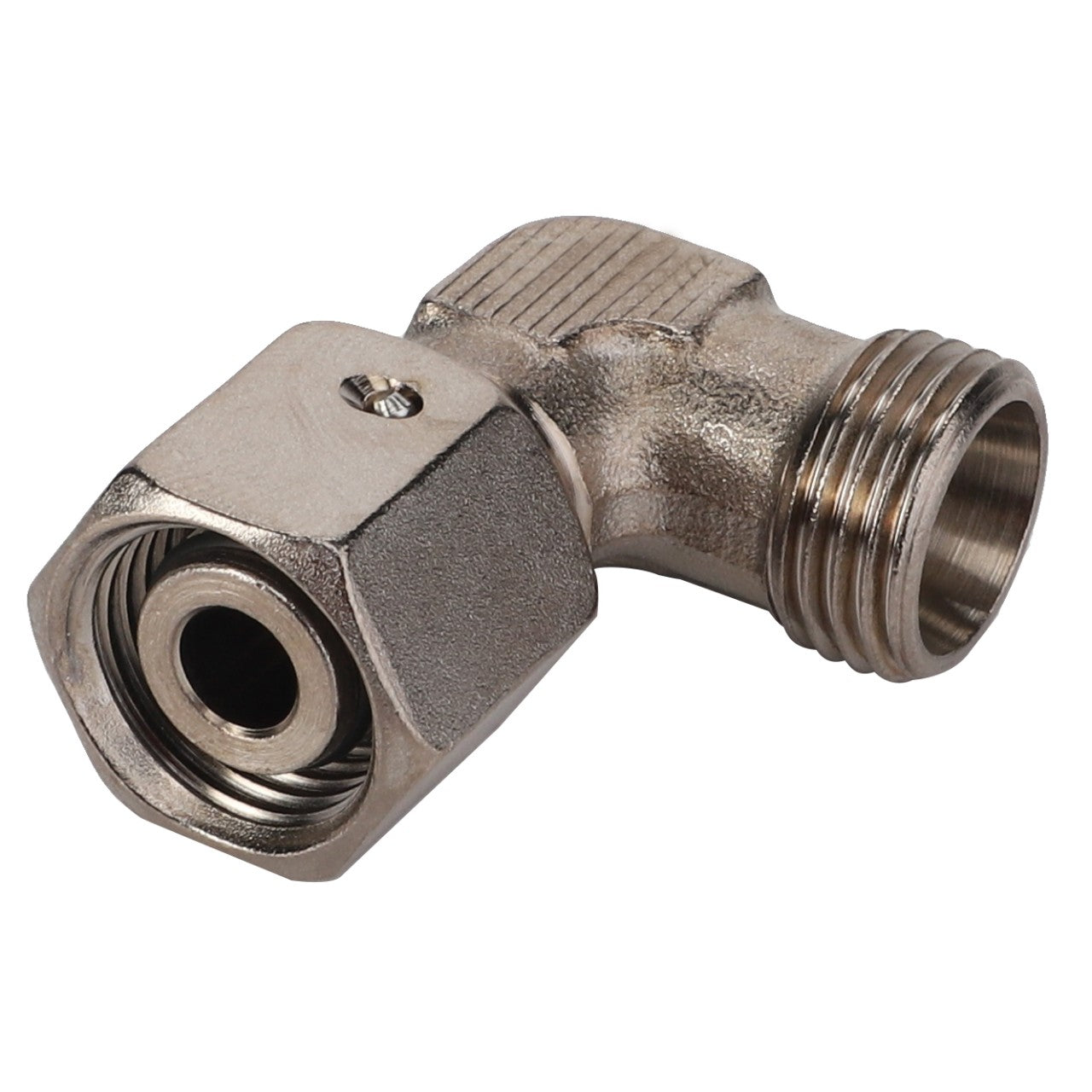 The AGCO Angular Adapter (F926880010210) is a brass elbow fitting featuring male and female threaded ends, specifically designed for connecting pipes at a 90-degree angle.