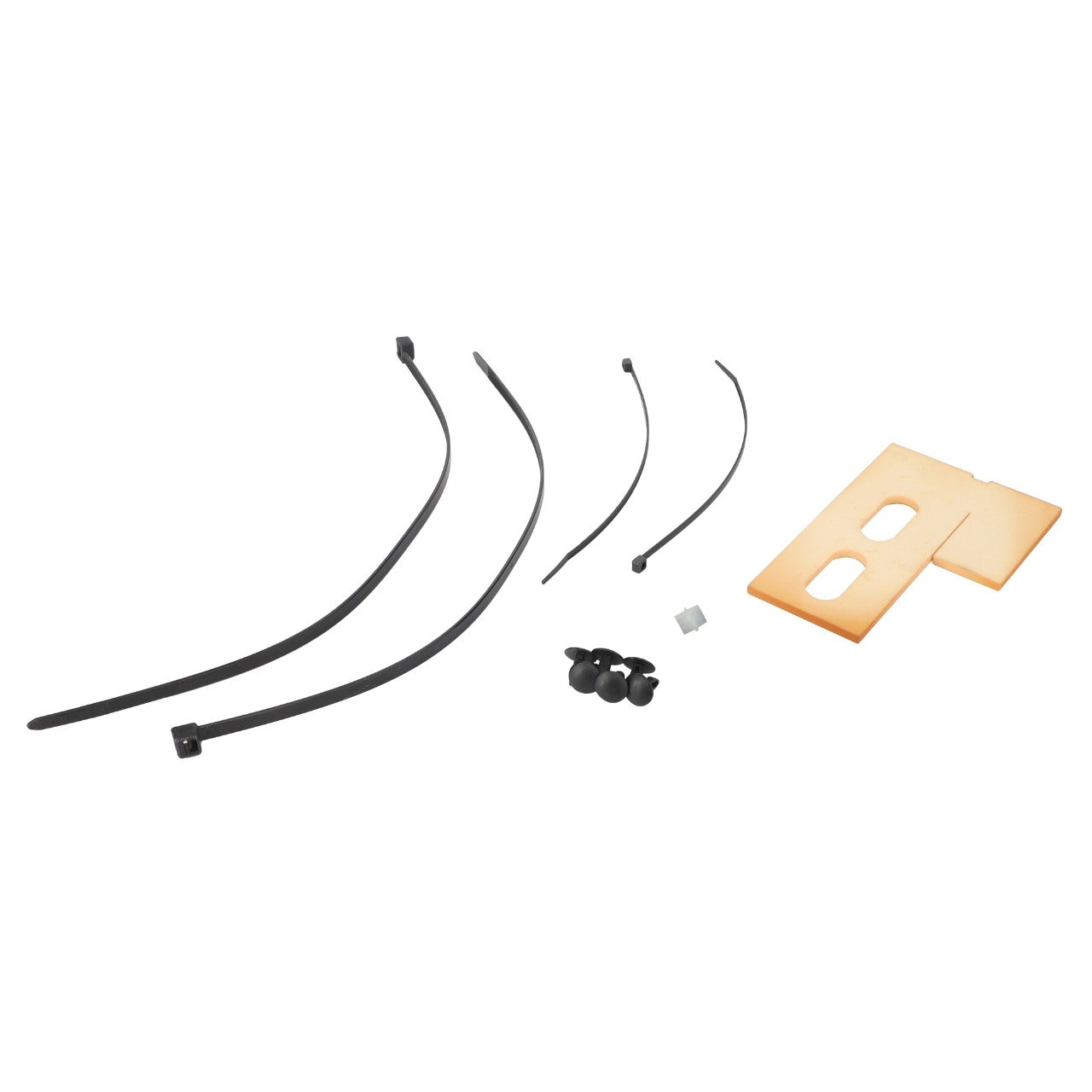 The AGCO | SMALL PARTS KIT - F931502031130, featuring assorted cable ties, clips, and an orange rectangular plastic piece, is neatly arranged on a white background.