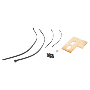 The AGCO | SMALL PARTS KIT - F931502031130, featuring assorted cable ties, clips, and an orange rectangular plastic piece, is neatly arranged on a white background.